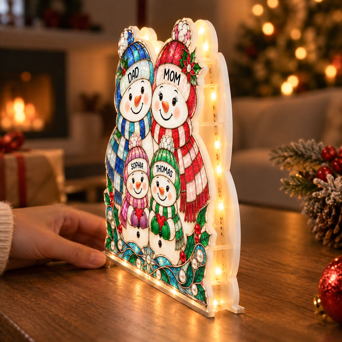 Cute Snowman Grandparents & Grandkids Stained Glass Style 2D Flat Printed - Personalized Light Box - Christmas Decor For Family, Grandma, Grandpa