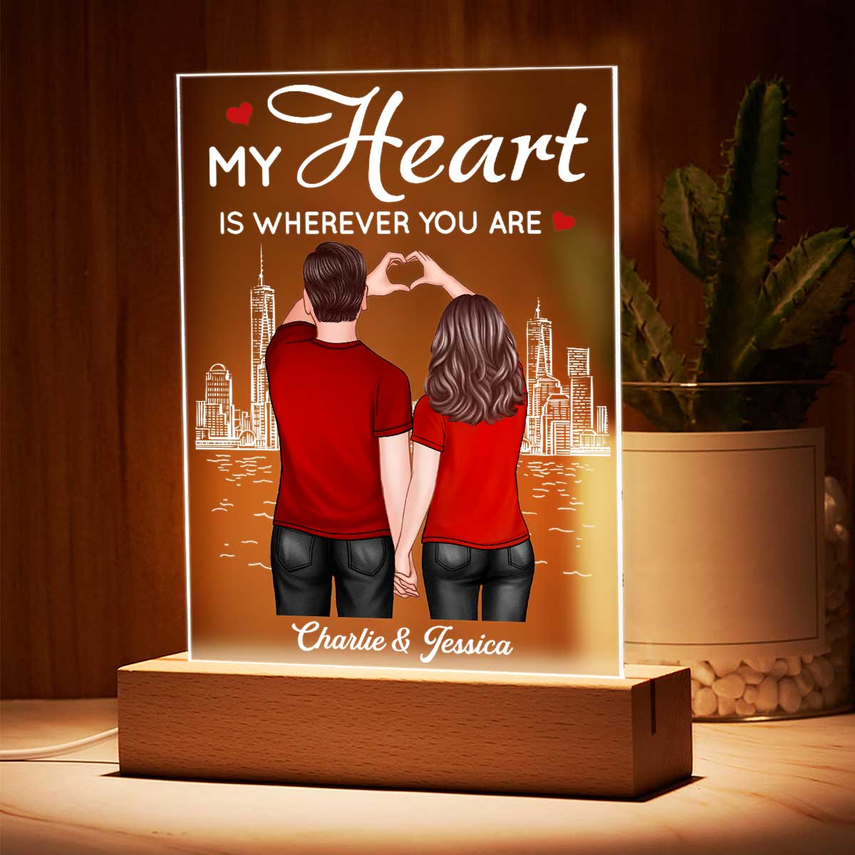 Couple Back View Heart Hands Outline Background Personalized Plaque LED Night Light