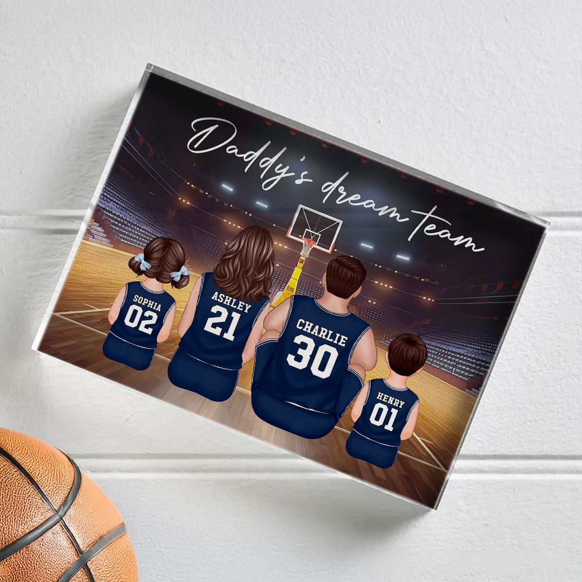 Daddy's Team Basketball Family Sitting Personalized Acrylic Block, Unique Father's Day Gift for Dad, Gift for Husband