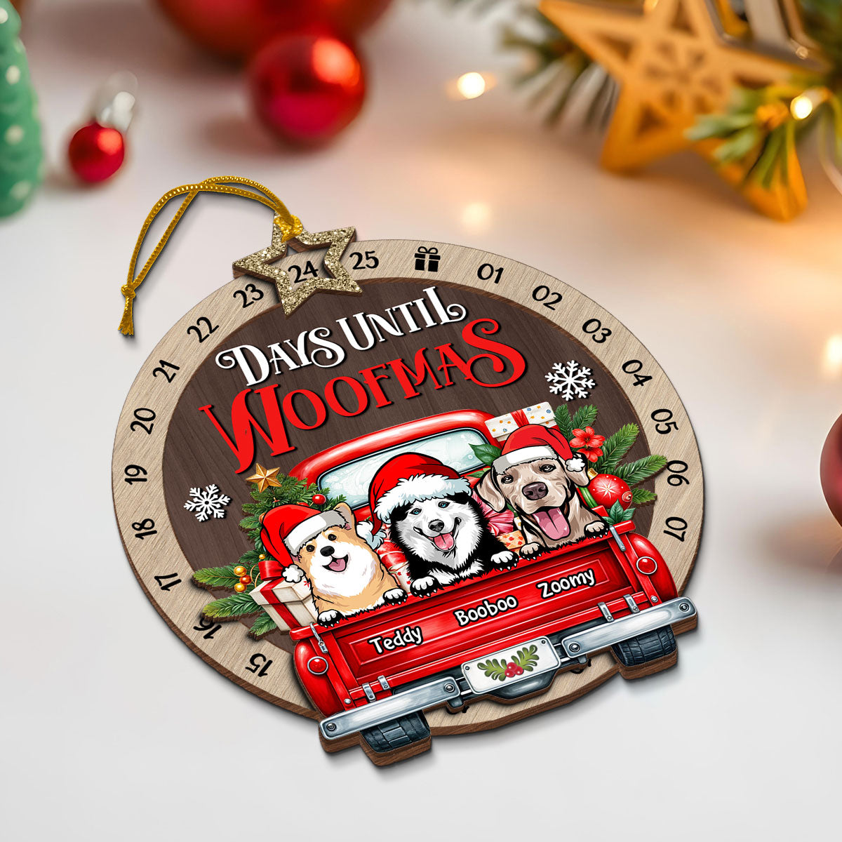 Days Until Woofmas Dogs On Truck Personalized Countdown Ornament, Christmas Gift For Dog Lovers