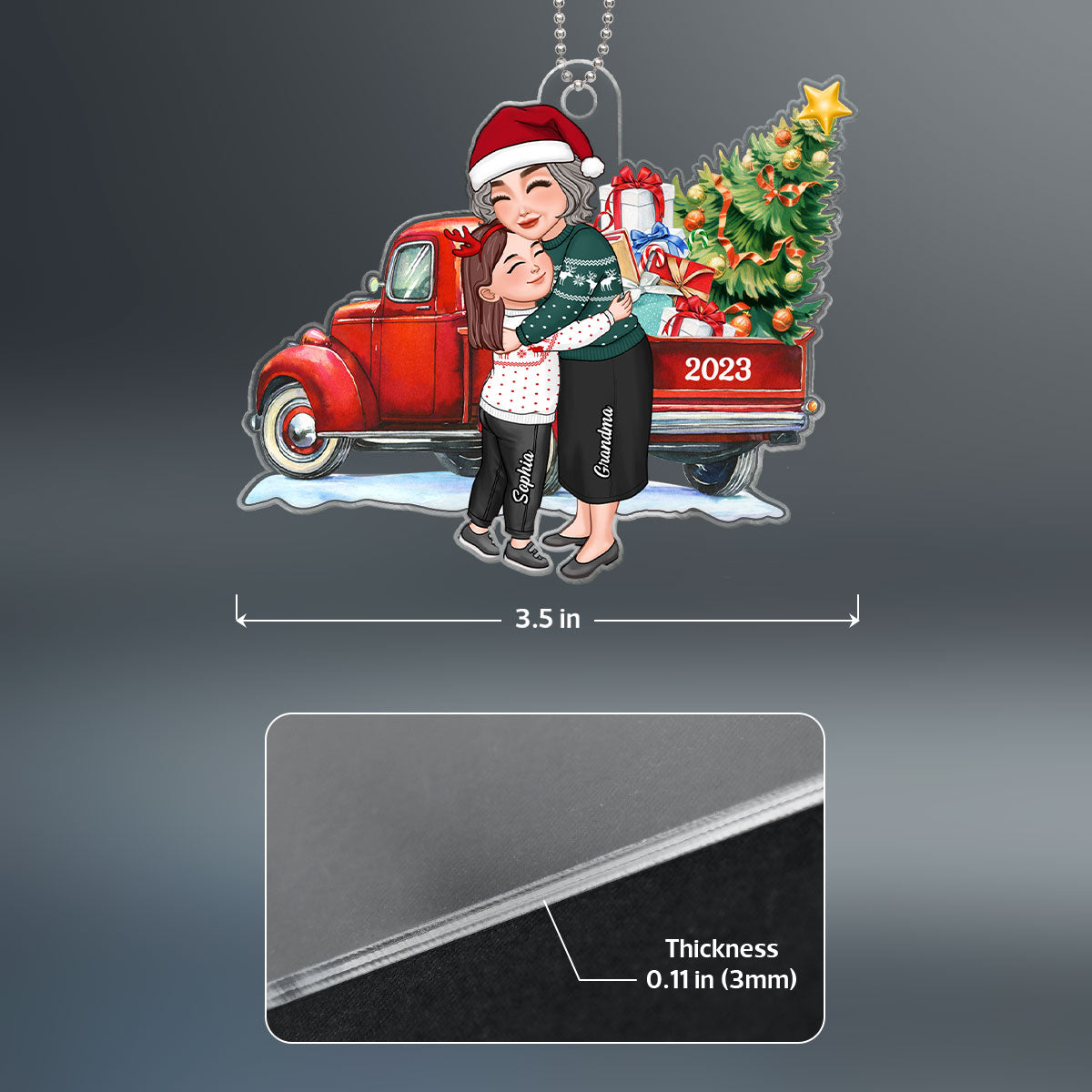 Grandma & Grandkid Hugging By Christmas Truck Personalized Acrylic Ornament