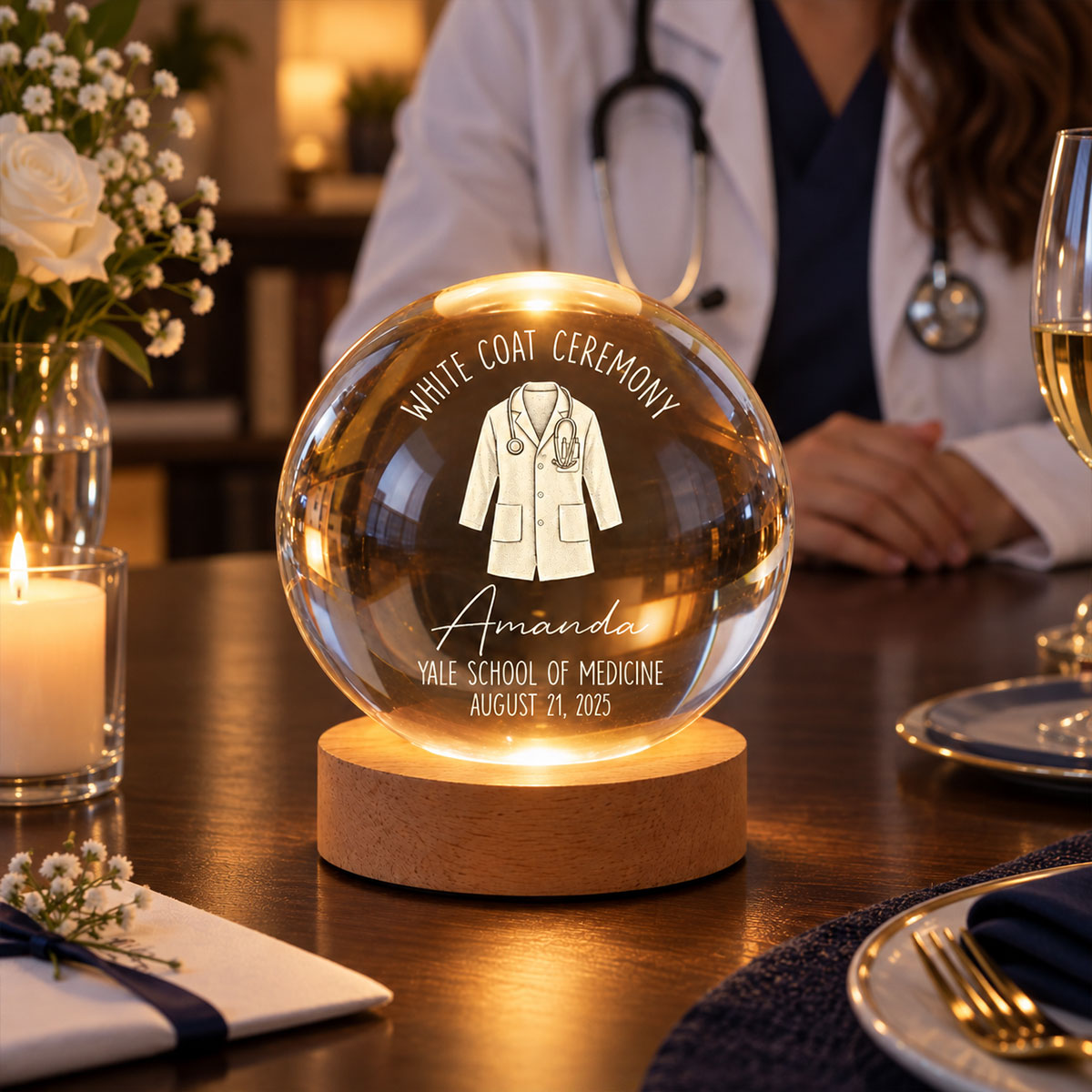 White Coat Ceremony - Personalized Crystal Ball – Custom Name Medical School Graduation, Gift for Doctor, Med Student & Future Physician