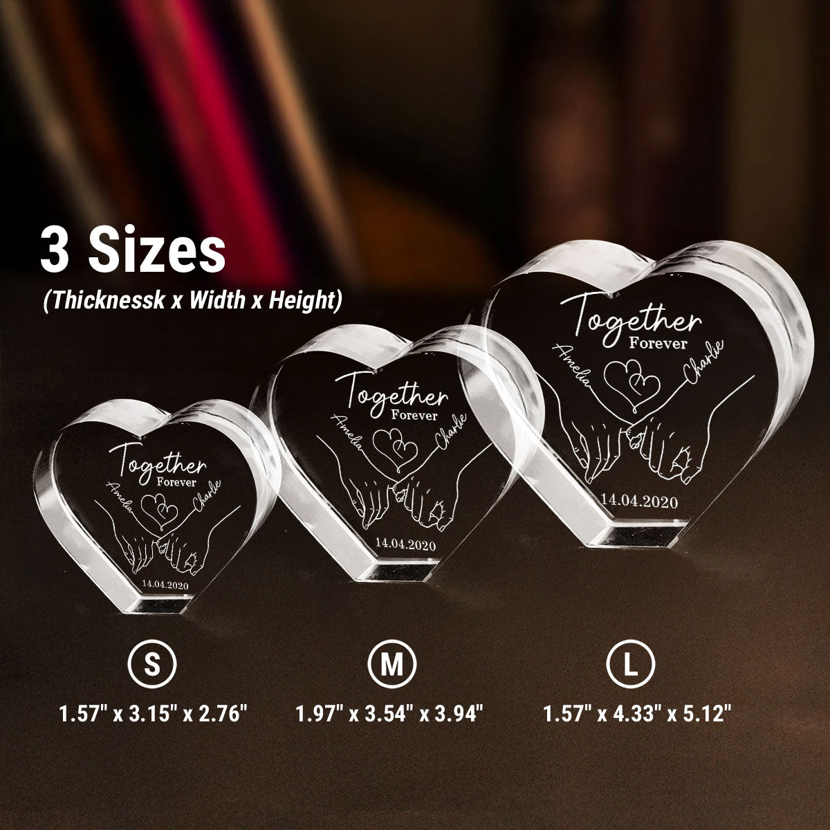 Couple Holding Hands Outline Personalized Premium Crystal Heart LED, Valentines Day Gift, Anniversary Gift for Him, for Her
