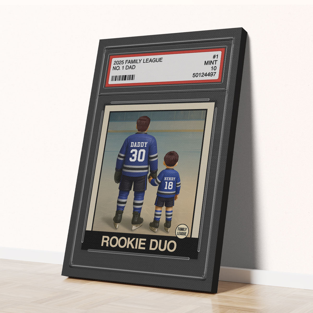 Hockey No. 1 Dad Man & Kids Trading Card Style Personalized Wrapped Canvas