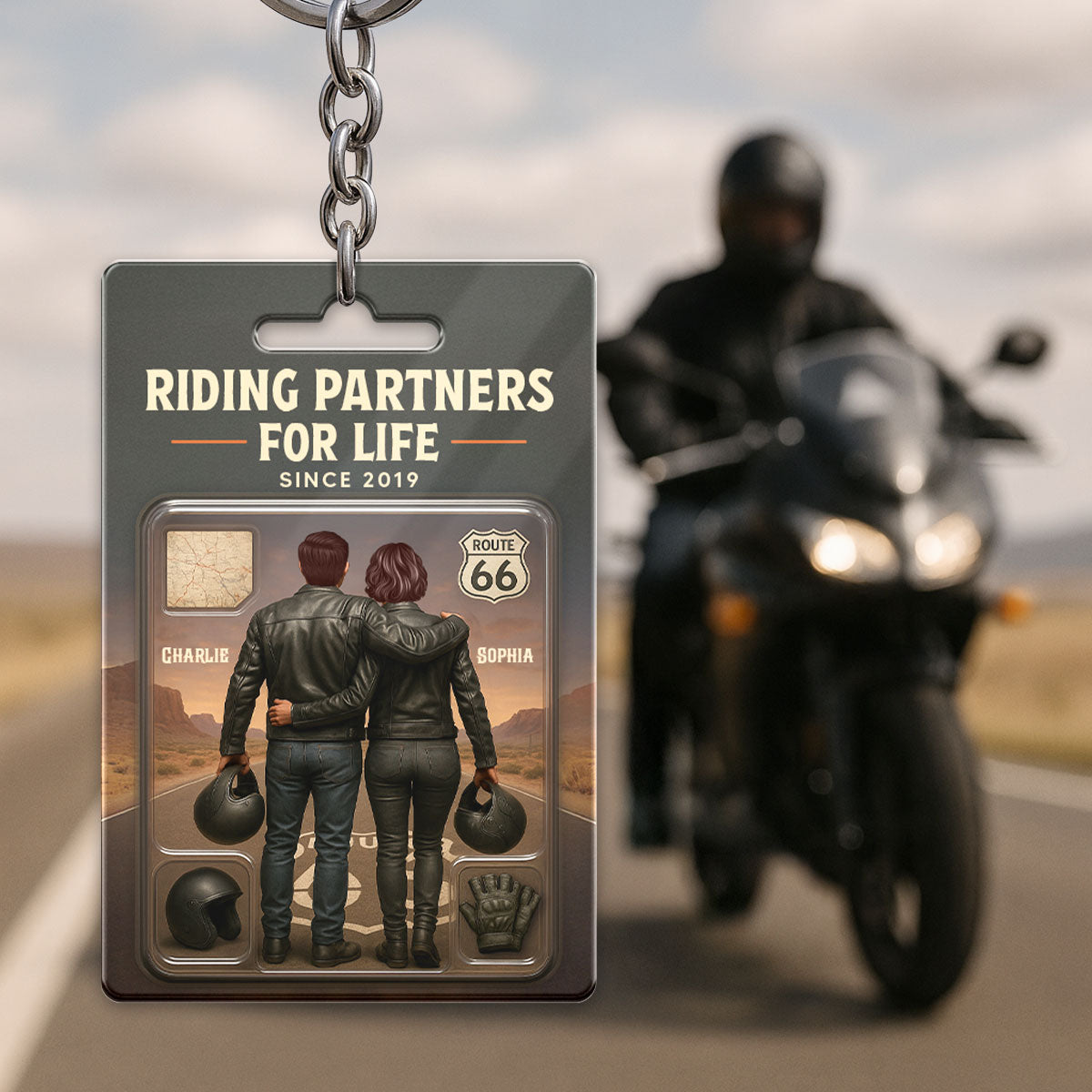 3D Effect Custom Figure Couple Bikers Riding Partners For Life Personalized Acrylic Keychain, Gift For Bikers