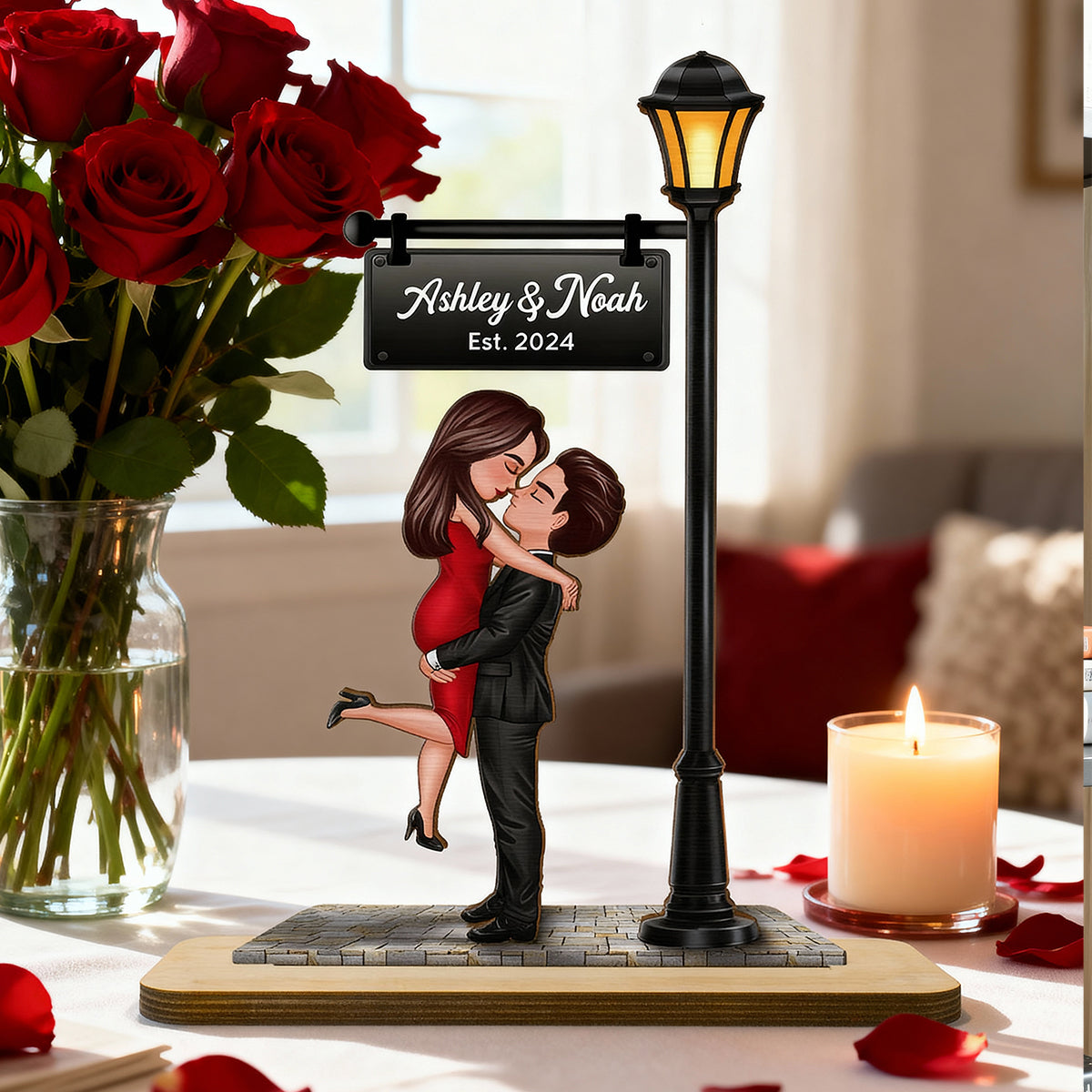 Couple Kissing Under Lamp Post Forever Love - Personalized 2-Layer Wooden Plaque - Heartfelt Anniversary Gift For Her, For Wife
