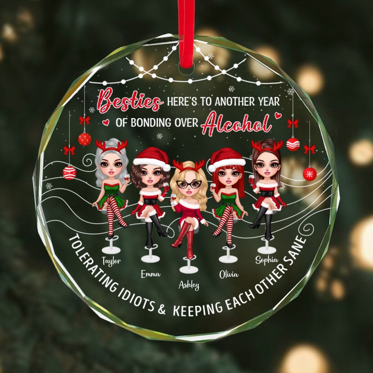 Besties Here's To Another Year Of Bonding Over Alcohol Personalized Glass Ornament, Funny Christmas Gift For Best Friends