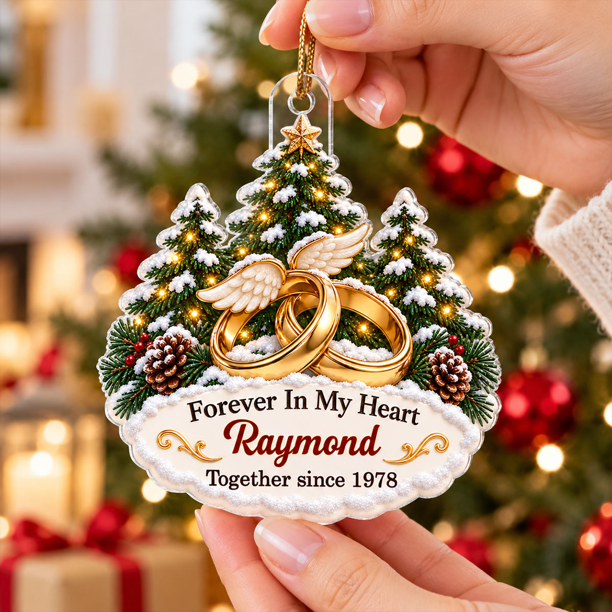 Forever In My Heart Wedding Rings With Angel Wings - Personalized Acrylic Ornament - Christmas Memorial Gift For Loss Of Husband, Wife, Loved Ones