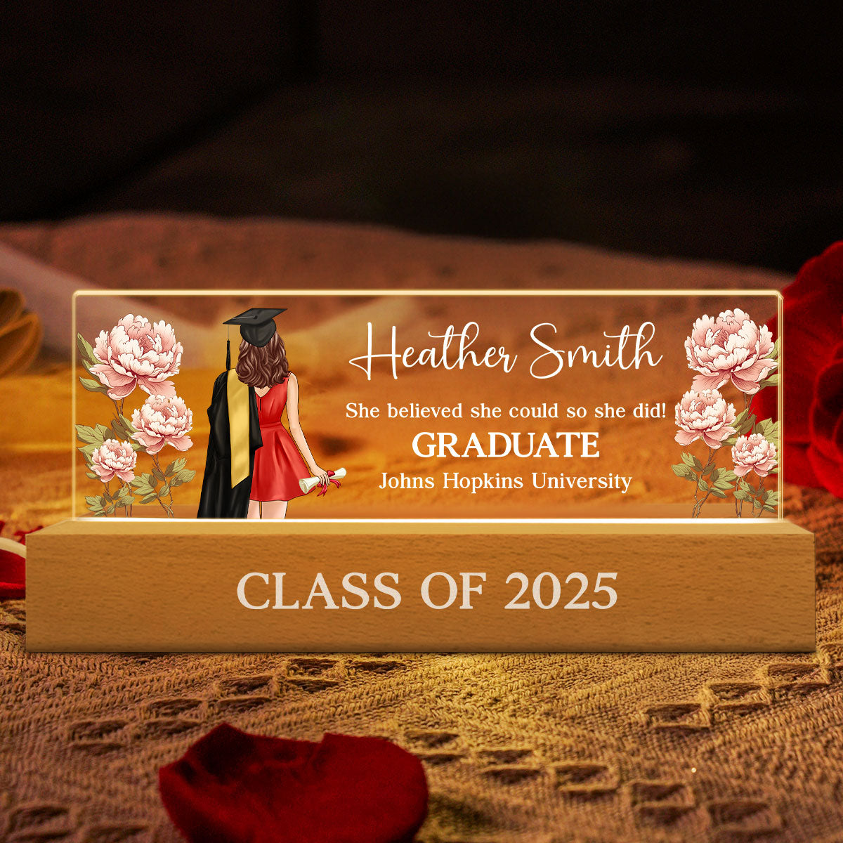 Graduation Senior Birth Month Flowers Personalized Rectangle Acrylic Block LED Night Light, Graduation Gift