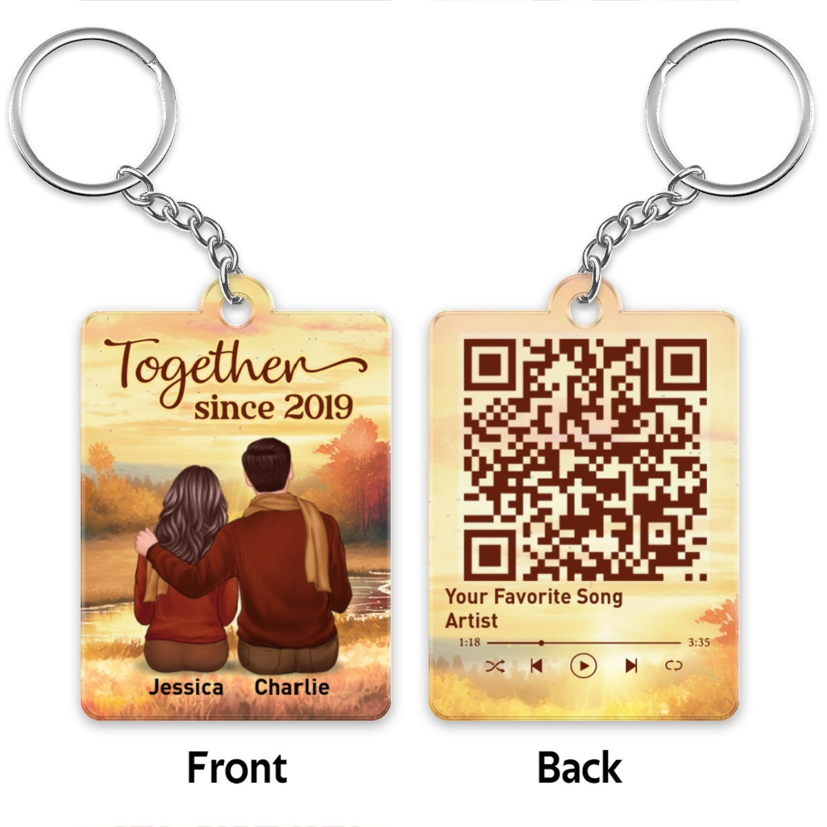 Embracing Fall Season Couple Sitting Back View Favorite Song QR Code Personalized Acrylic Keychain