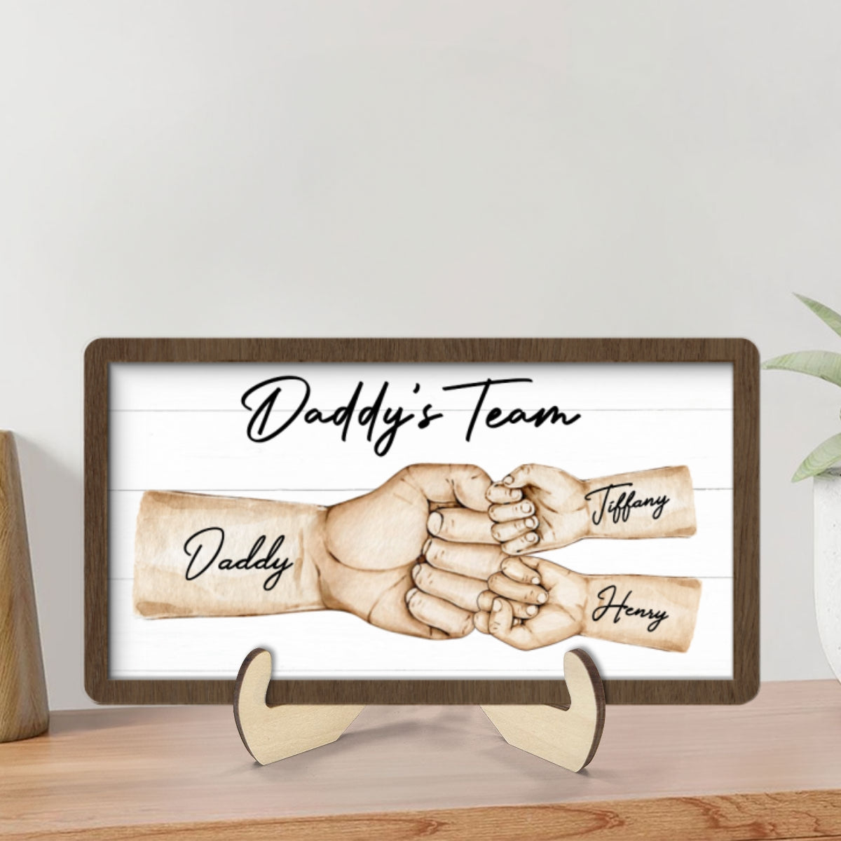 Daddy's Team Fist Bump Personalized 2-Layer Wooden Plaque, Unique Father's Day Gift for Dad, Gift for Husband
