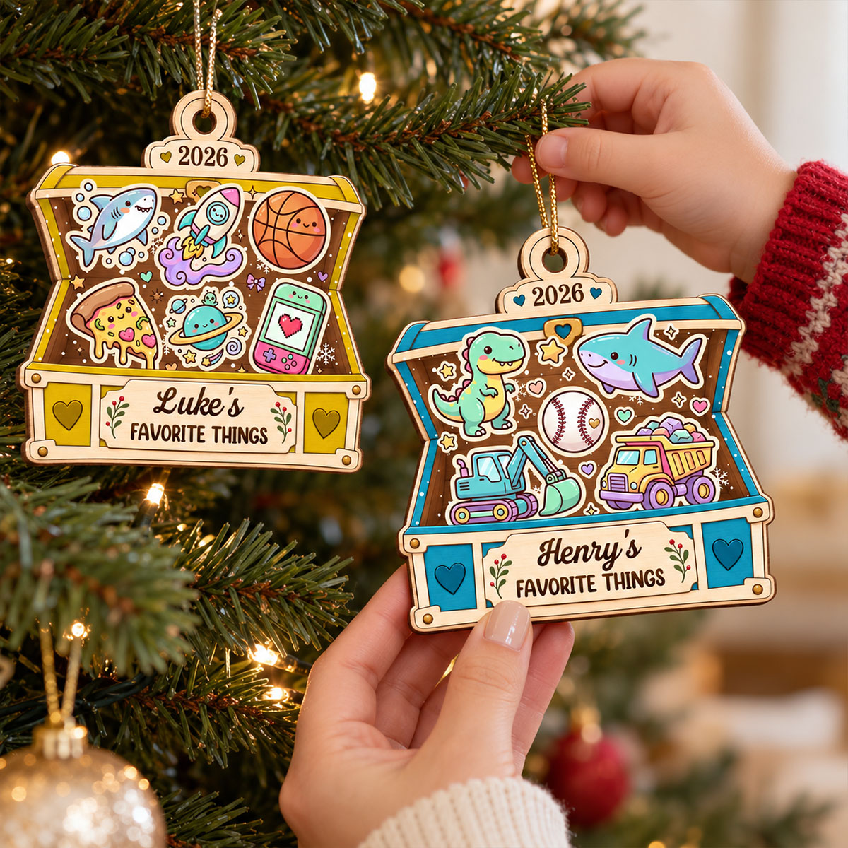 Kid's Favorite Things Treasure Chest 2D Flat Printed - Personalized Wooden Ornament - Custom Name & Favorite Things Keepsake Gift for Kids