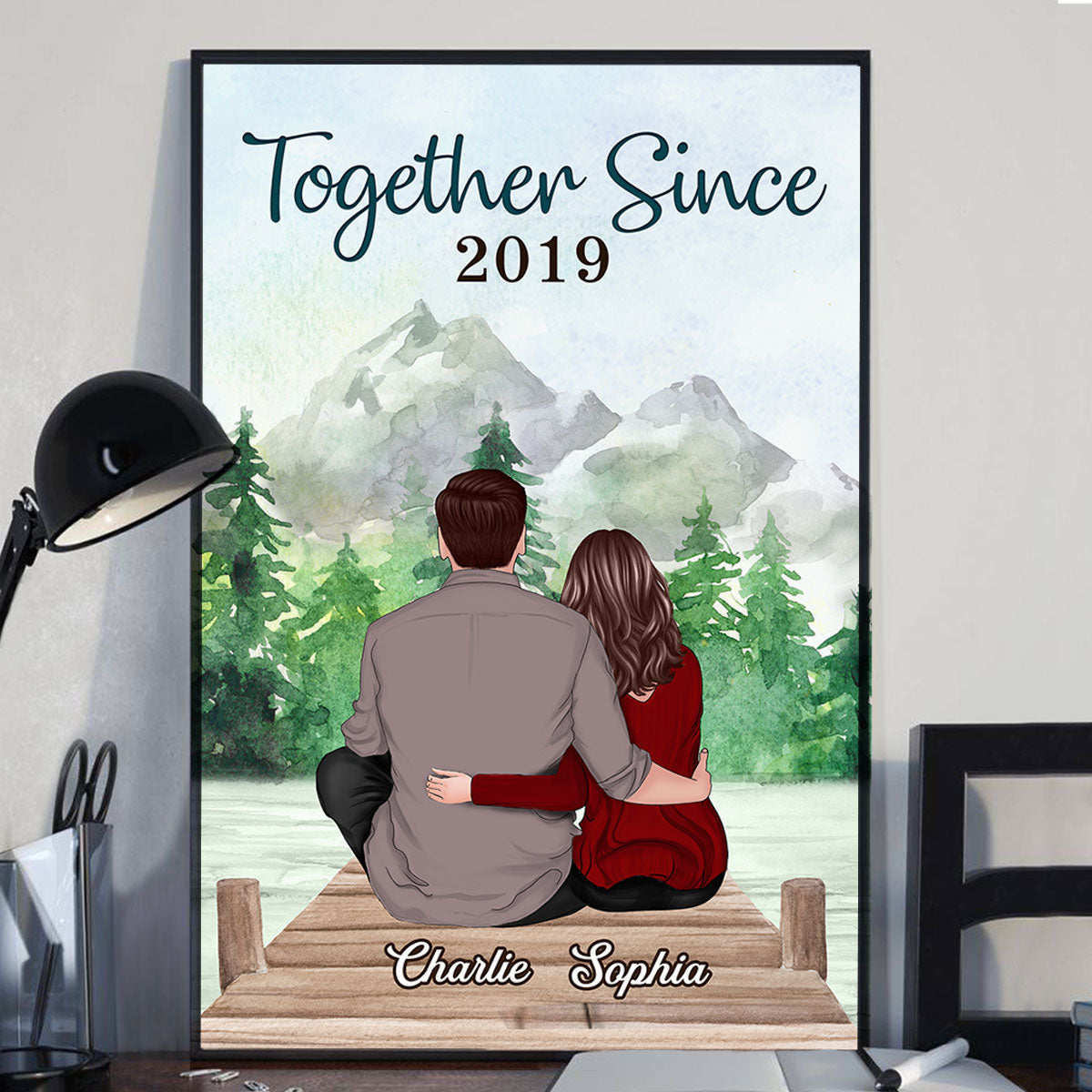 Couple Sitting Back View Forest Personalized Vertical Poster