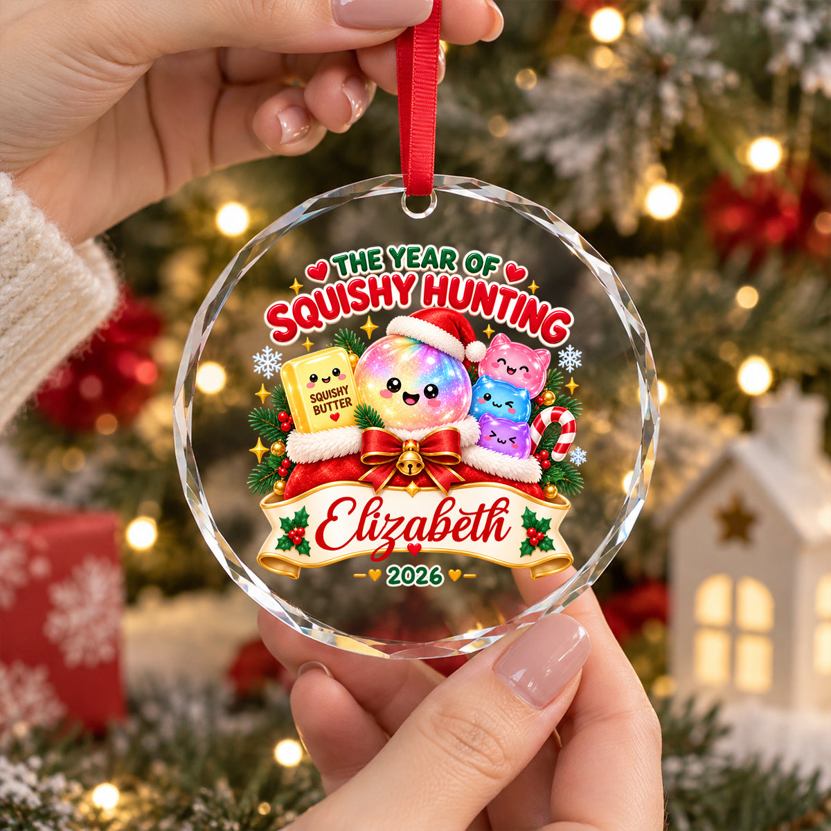 The Year of Squishy Hunting - Personalized Glass Ornament - Christmas Kawaii Gift for Kids