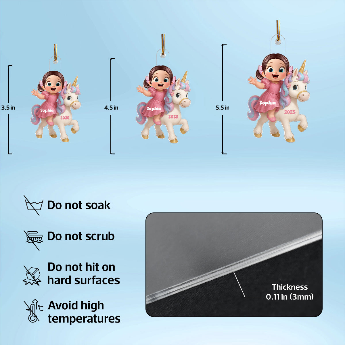 3D Effect Cute Cartoon Kid With Unicorn Christmas Personalized Flat Acrylic Ornament, Fun & Beautiful Gift For Kids, Grandkids