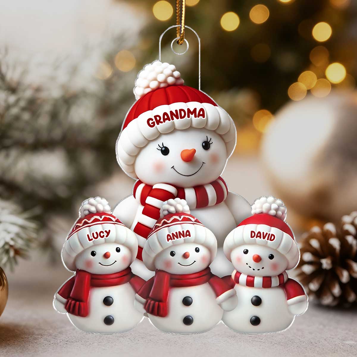 3D Effect Cute Snowman Grandma & Grandkids - Personalized Acrylic Ornament - Christmas Decor For Family, Grandma