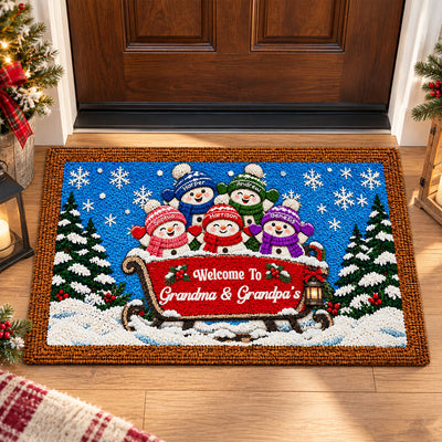 Welcome To Grandparents' Grandkids Snowman On Sleigh - Personalized Door Mat - Christmas Decor For Grandparents, Family