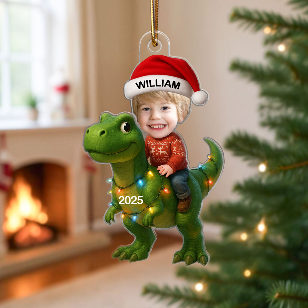 3D Effect Custom Kid Face With Dinosaur Christmas Personalized Acrylic Ornament