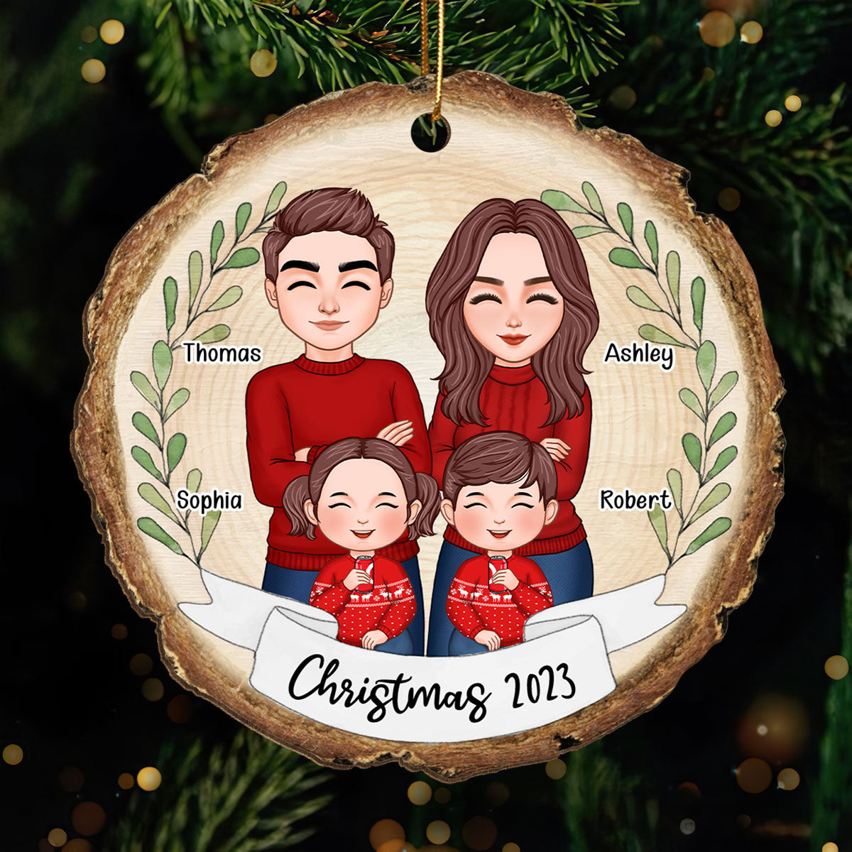 Whole Family Dad Mom Kid Dog Cat Wood Slice Personalized Wooden Ornament