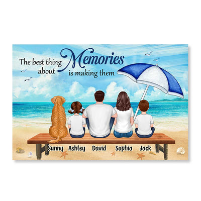 Family Sitting On Beach Bench Umbrella Personalized Horizontal Poster