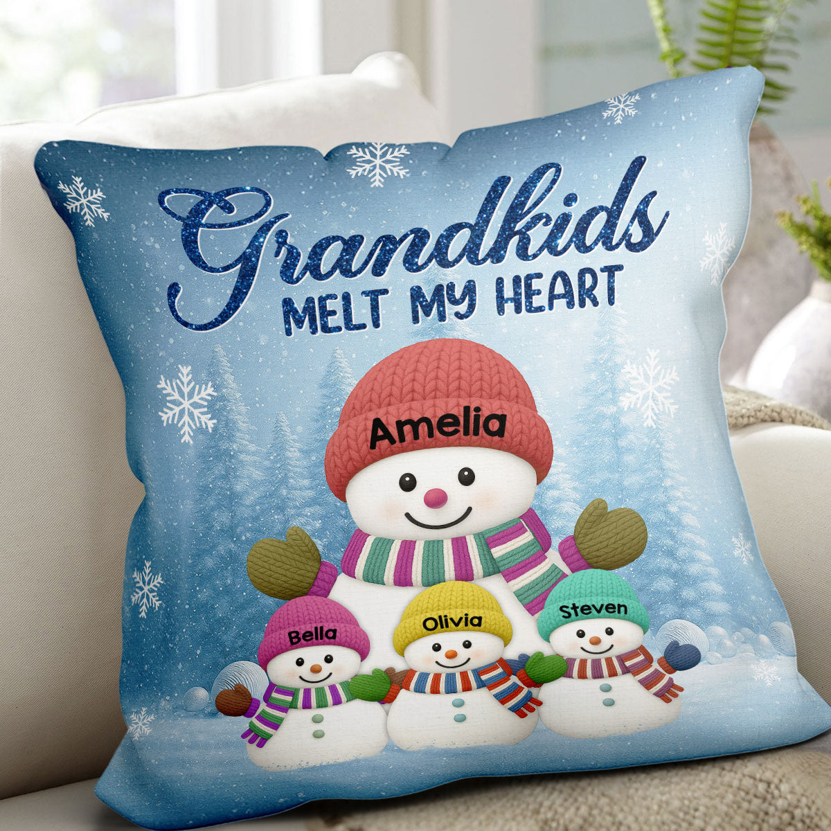 Christmas Snowman My Grandkids Melt My Heart - Personalized Pillow - Gift For Grandmas