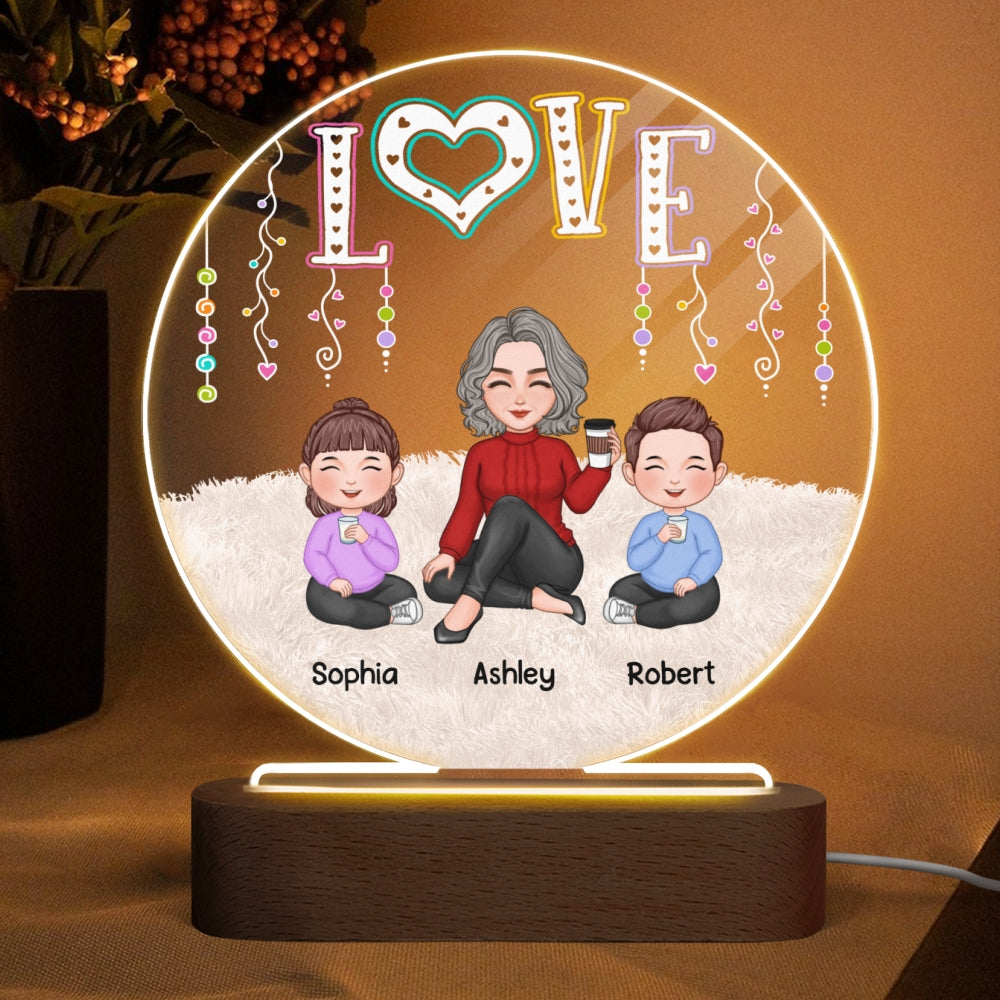 LOVE Cute Grandma Grandkids Sitting On Carpet Personalized Circle Acrylic Plaque With LED Night Light