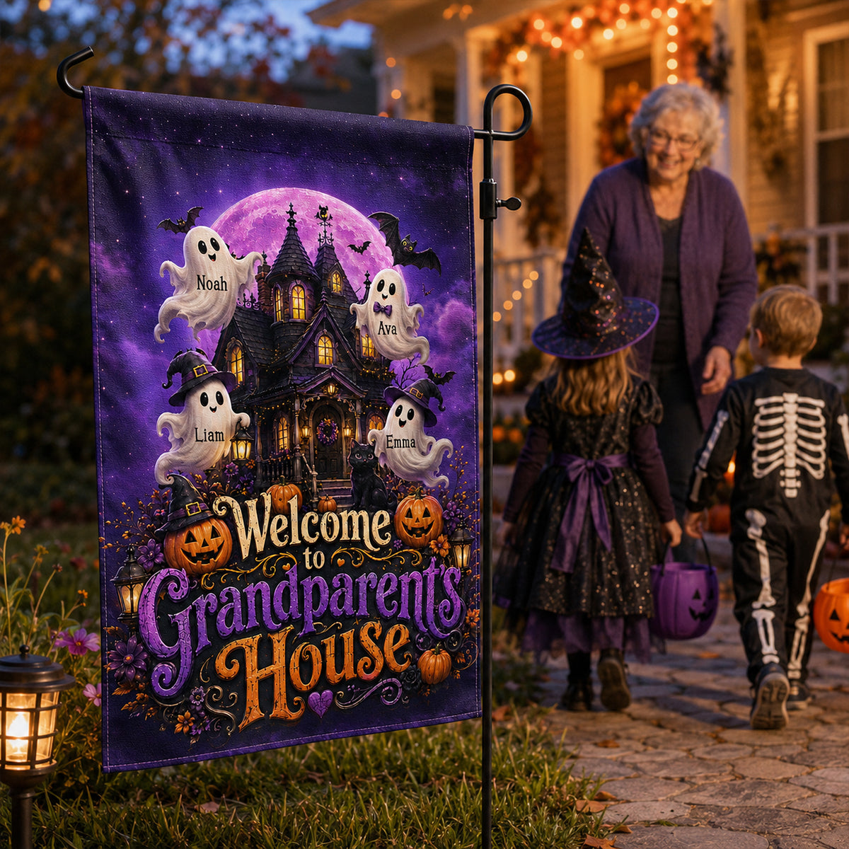 Welcome To Grandparent's House Boo Crew - Personalized Garden Flag - Halloween Decor Gift, Gift For Grandma Grandpa