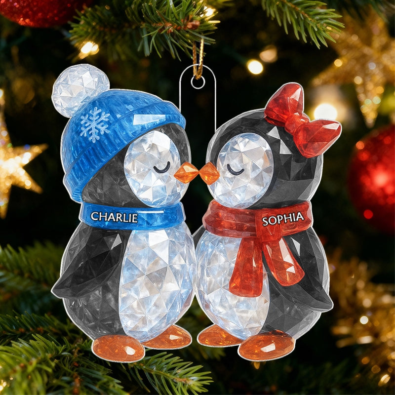 Christmas Penguins Couple 3D Crystal Effect Personalized Acrylic Ornament - Heartwarming Christmas Gift for Couple