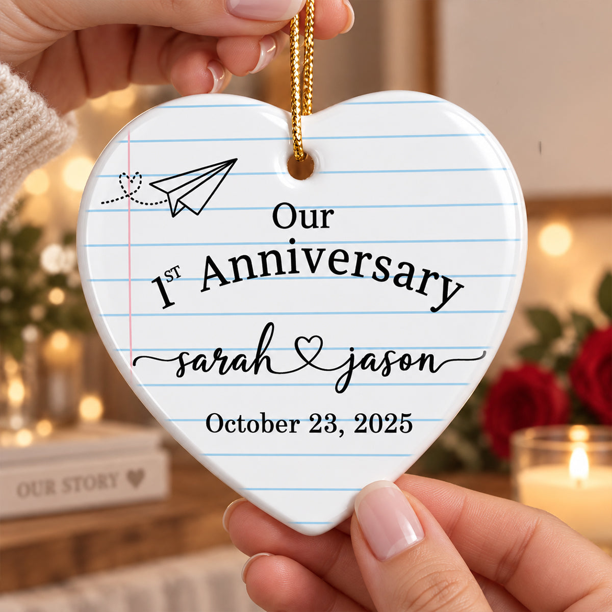 1st Wedding Anniversary Paper Anniversary - Personalized Heart Ceramic Ornament - First Year Keepsake Gift For Him Gift For Her