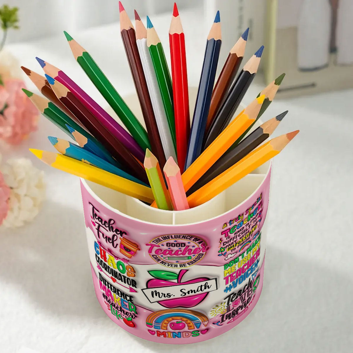 Teacher Fuel Chaos Ordinator 3D Inflated Effect Personalized Rotating Pen Holder, Teacher Appreciation Gift, Back To School Gift