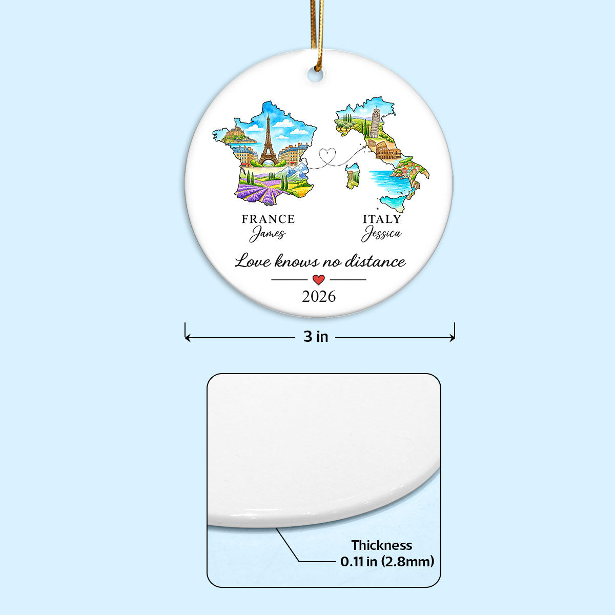 Love Knows No Distance State Map - Personalized Ceramic Ornament - Christmas Gift For Long Distance Couples, Boyfriend, Girlfriend, Husband, Wife