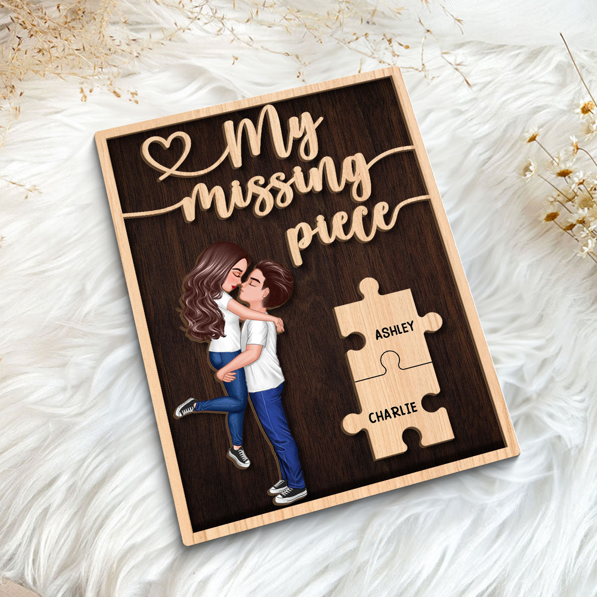 My Missing Piece Hugging Kissing Couple Dark Theme Valentine‘s Day Gift For Her Gift For Him Personalized 2-Layer Wooden Plaque