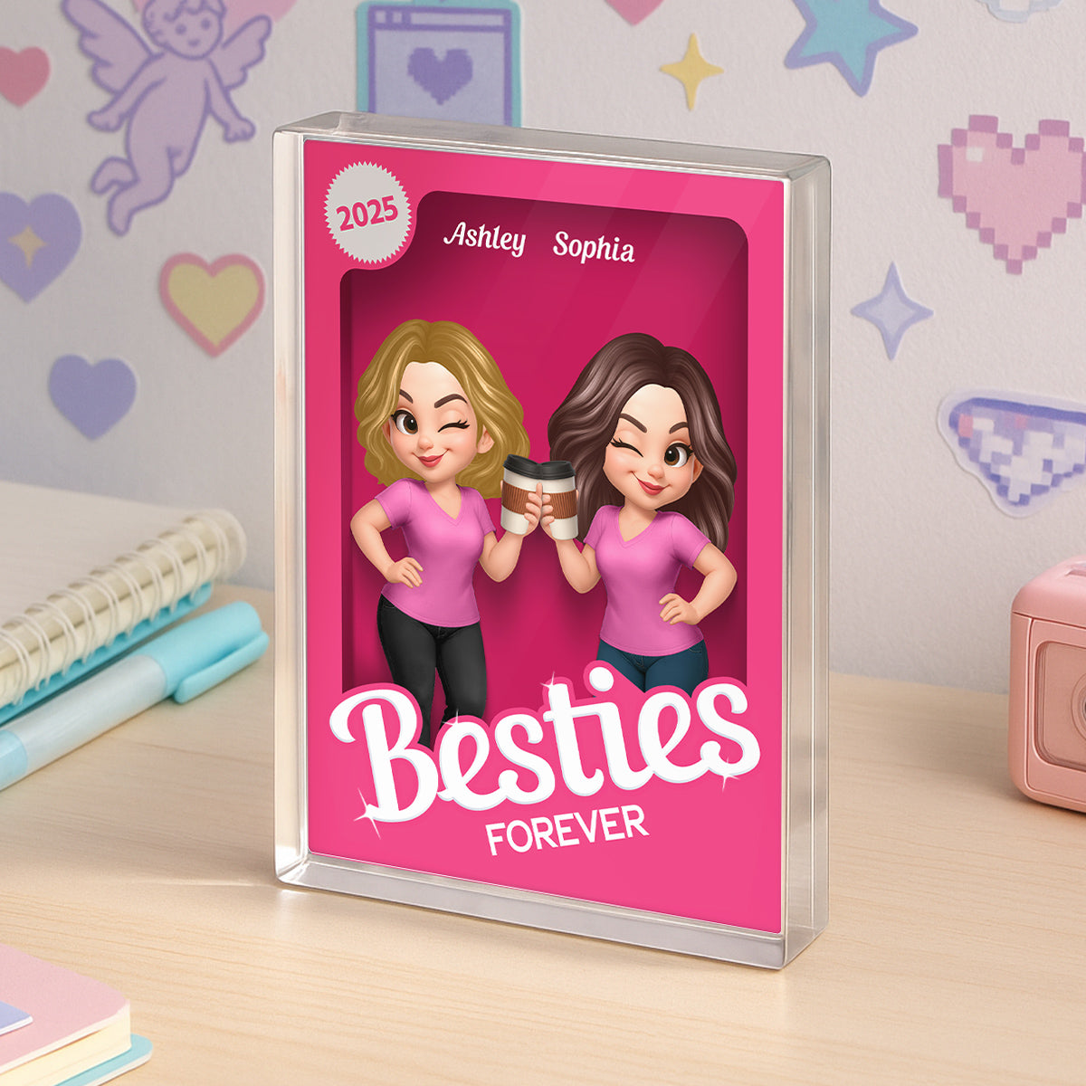 Besties Forever Pink Action Figure 3D Effect - Personalized Acrylic Block Plaque - Gift for Besties, Best Friends