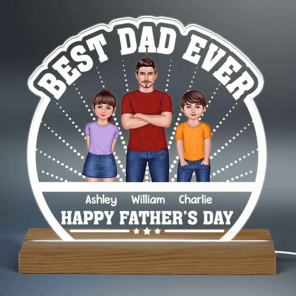 Best Dad Ever Happy Father‘s Day Man And Kids Standing Front View Personalized Warm Acrylic Custom Shape LED Night Light