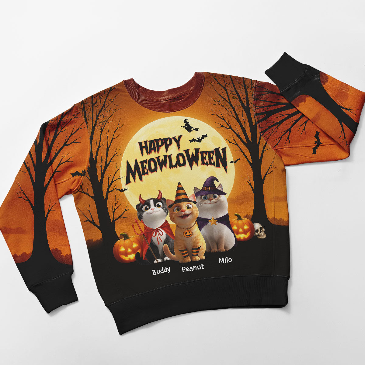 Happy Meowloween Personalized 3D Sweatshirt, Halloween Costume for Cat Lovers
