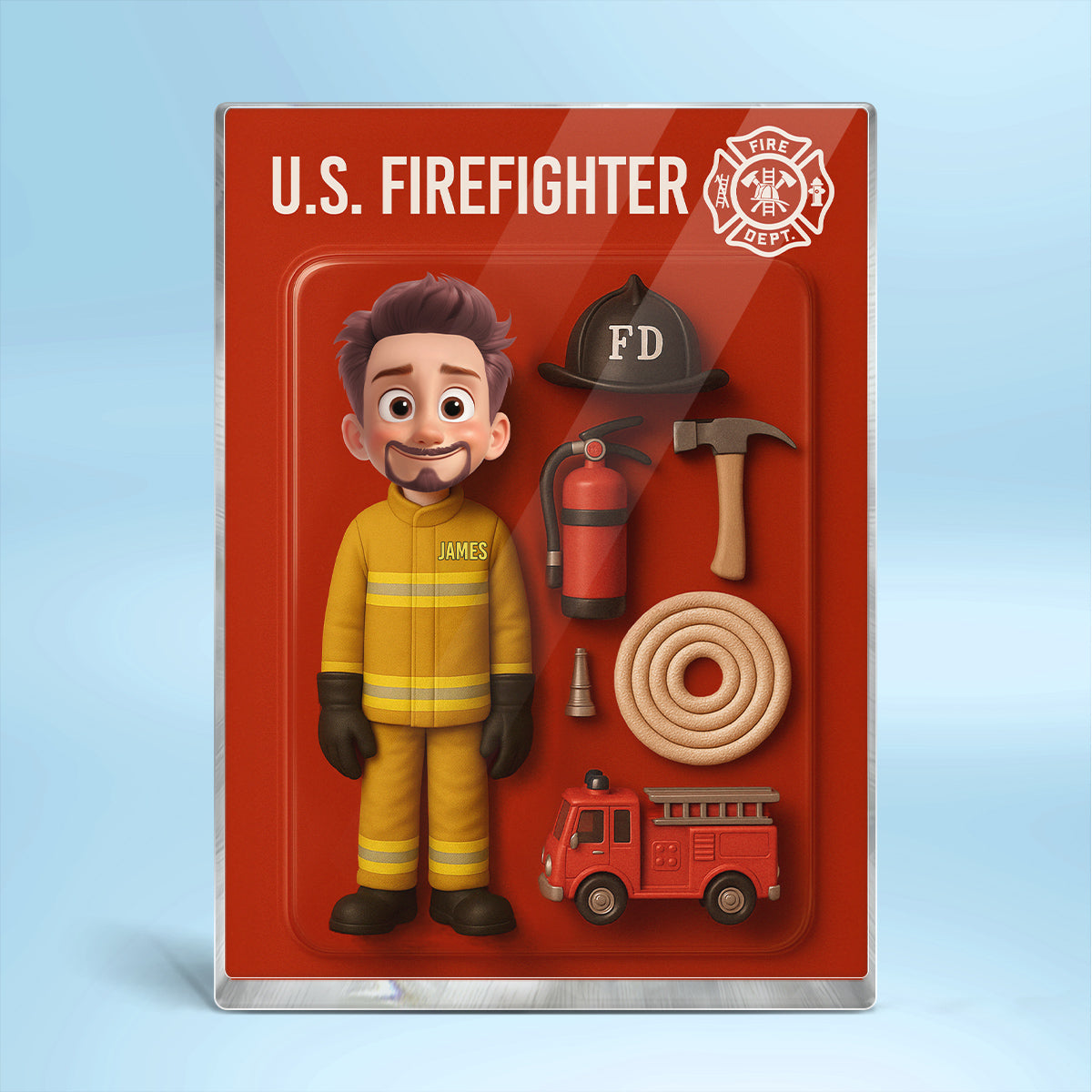 3D Effect Cartoon Funny Style Firefighter Custom Figure Personalized Flat Rectangle Acrylic Block