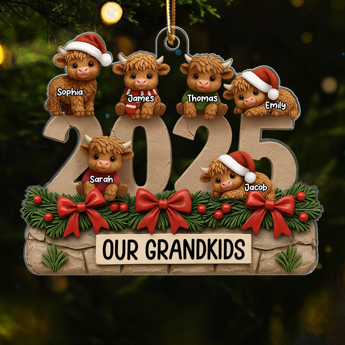 3D Effect Christmas Highland Cows Our Grandkids - Personalized Acrylic Ornament - Gift For Grandparents, Grandkids