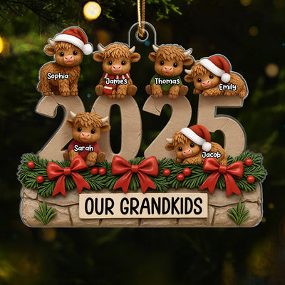 3D Effect Christmas Highland Cows Our Grandkids - Personalized Acrylic Ornament - Gift For Grandparents, Grandkids