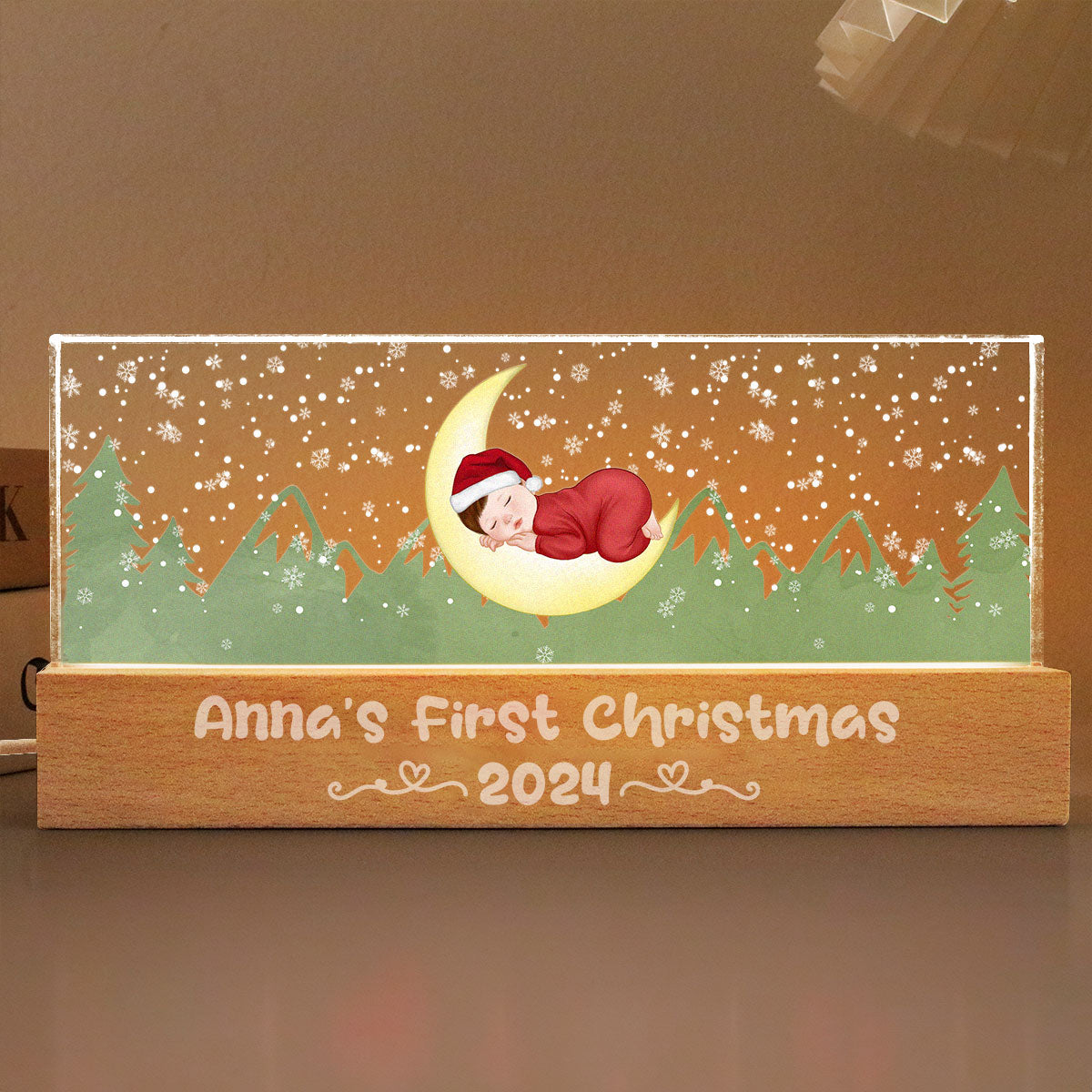 First Christmas Newborn Baby Sleeping On Moon Personalized LED Night Light