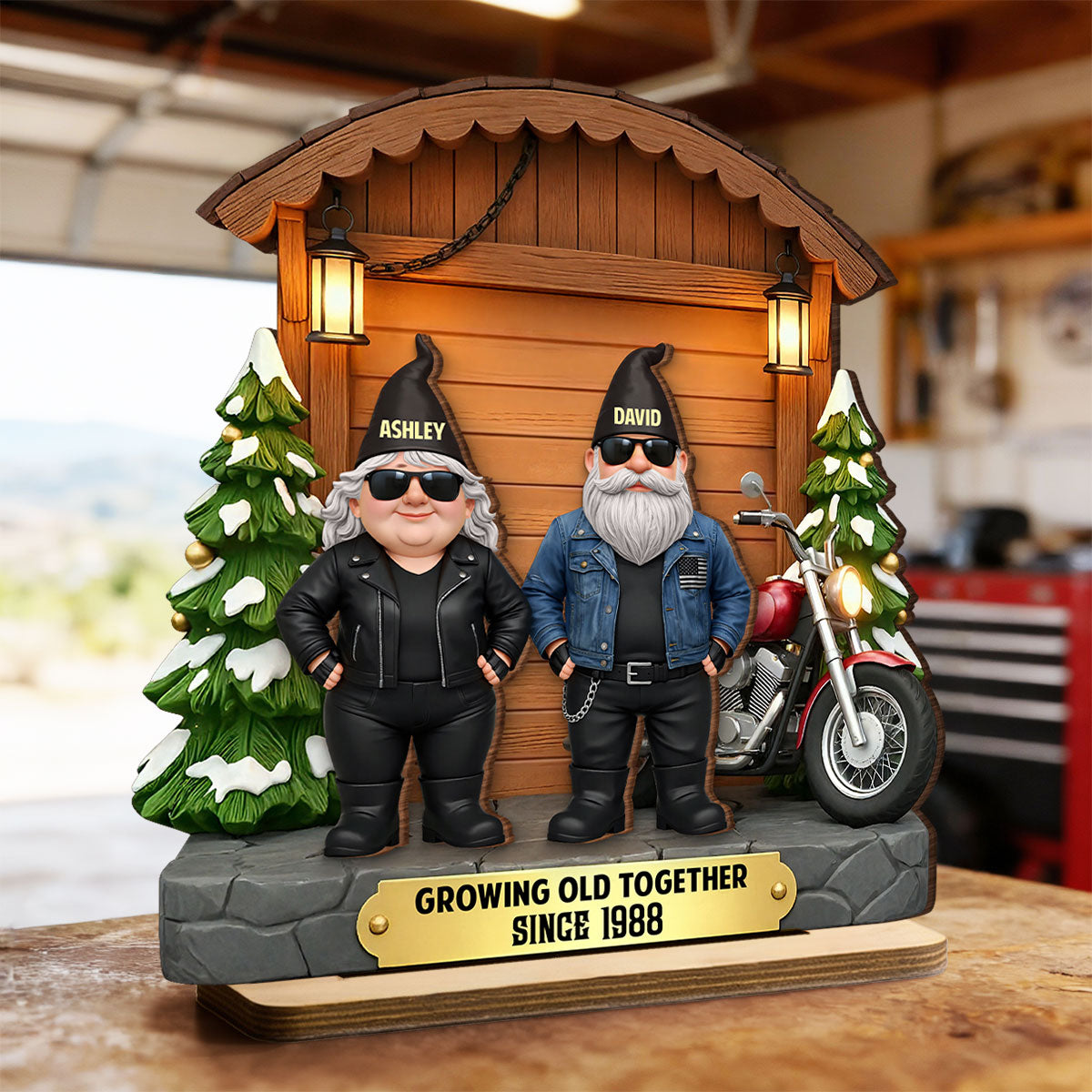 Growing Old Together Biker Couple - Personalized 2-Layered Wooden Plaque - Anniversary, Valentine's Day Gift, Gift For Him, Gift For Her