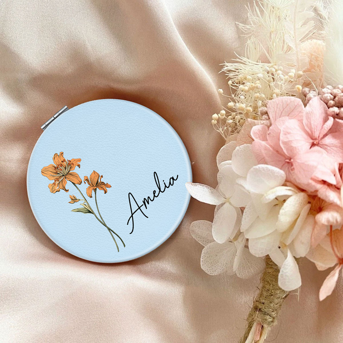 Beautiful Birth Month Flower Personalized Circle Compact Mirror, Birthday Gift