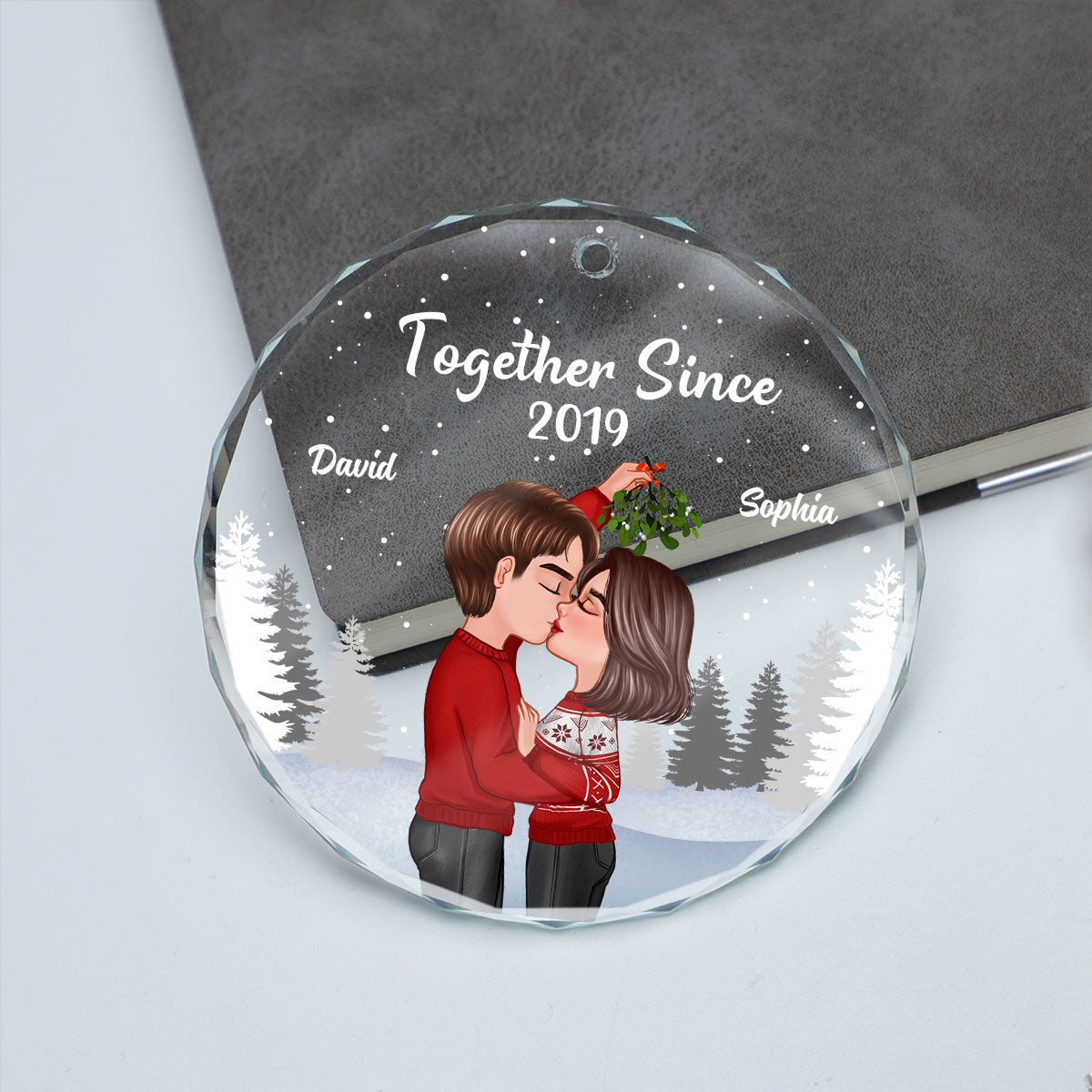 Couple Kissing Under Mistletoe Christmas Night Personalized Glass Ornament