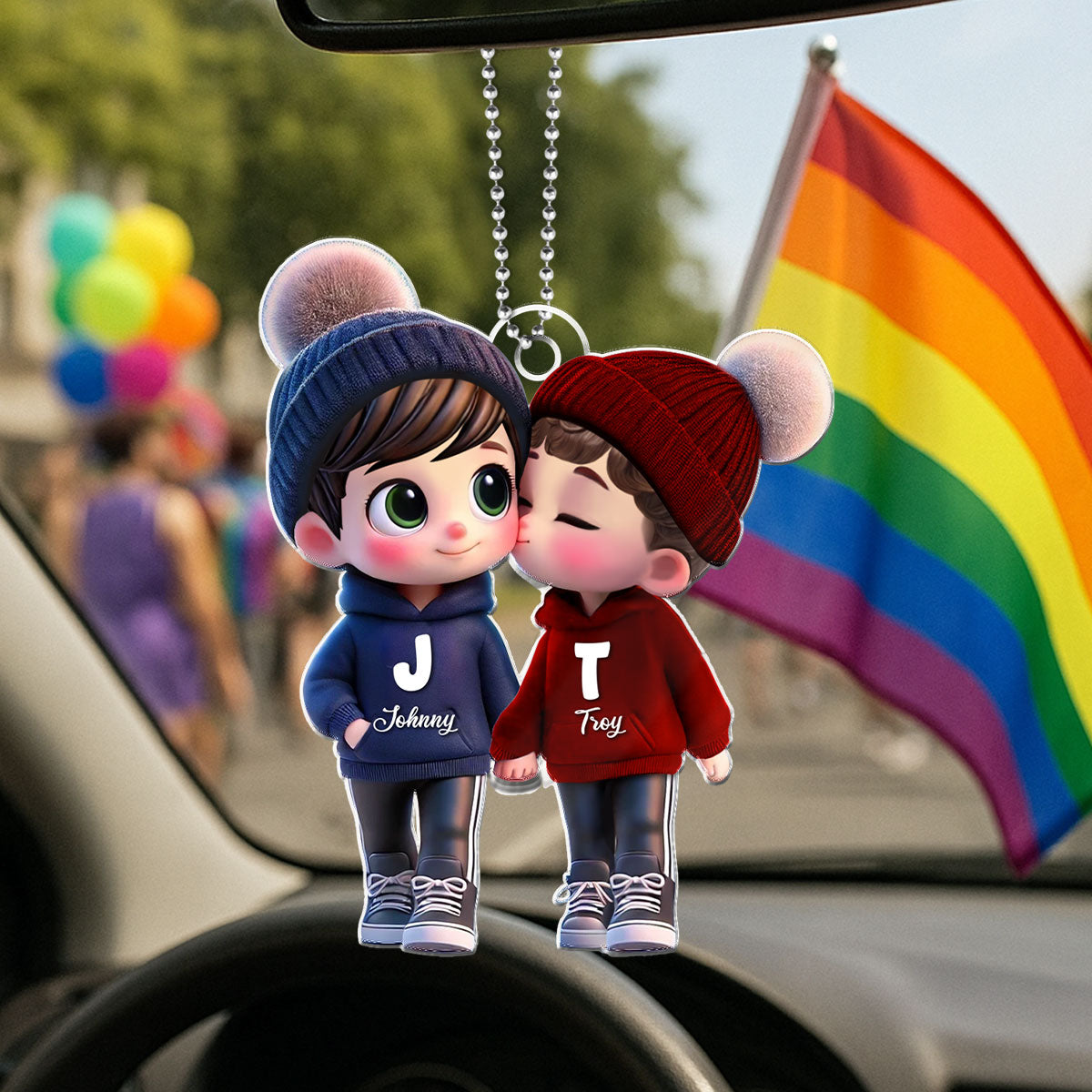 Personalized 3D Cartoon Gay Couple Car Ornament – Cute Acrylic Gift for Pride Month