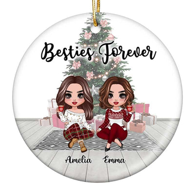 Christmas Tree Background Besties Sisters Personalized Circle Ornament