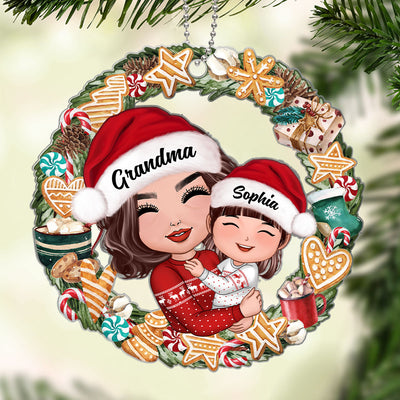 Christmas Wreath Ginger Bread Grandma Hugging Grandkids Personalized Acrylic Ornament
