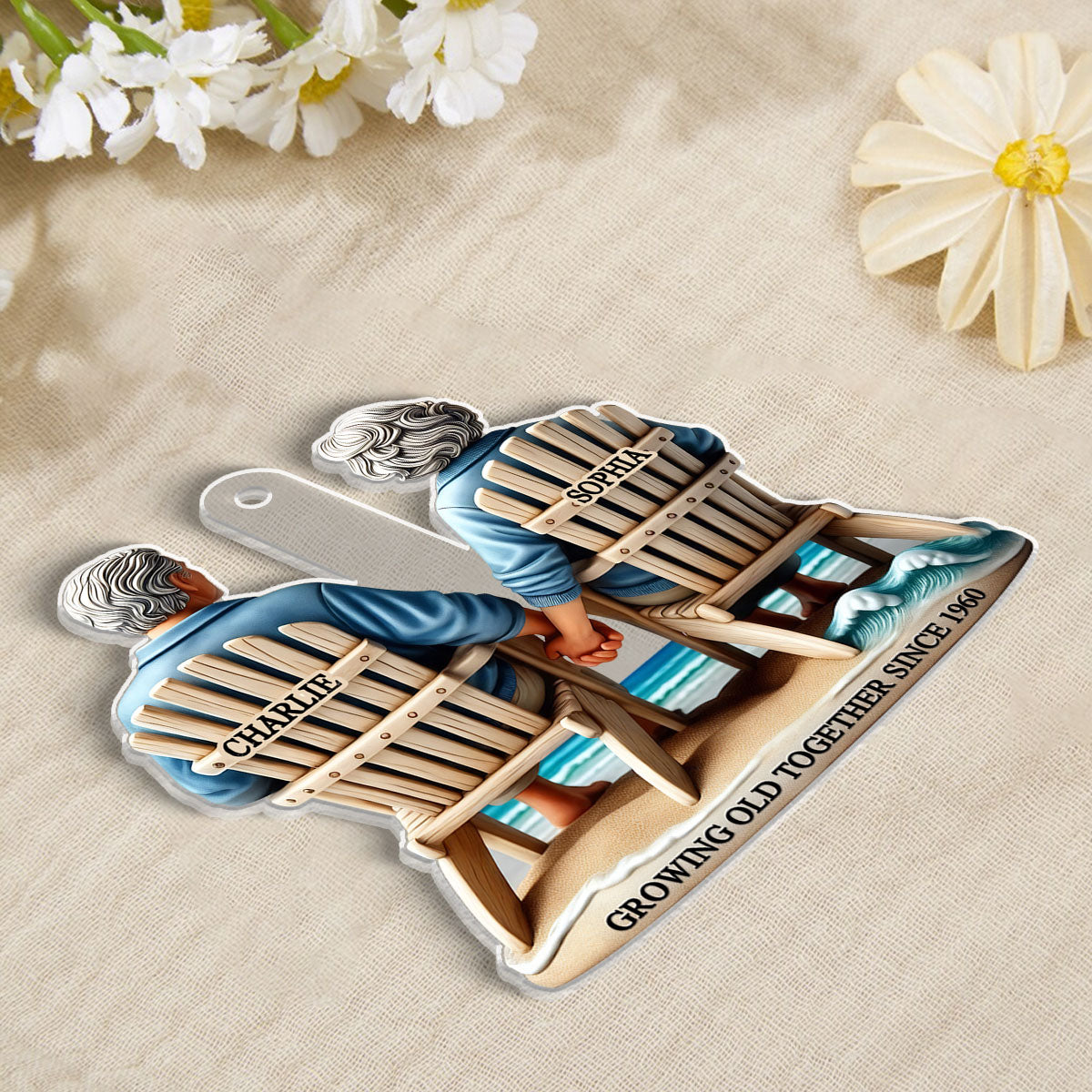 3D Effect Old Couple Sitting On The Beach Growing Old Together Since Personalized Car Hanger Ornament, Heartfelt Gift For Couple, For Him, For Her, Husband, Wife