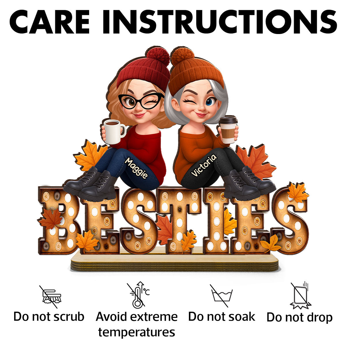 Fall Besties Sitting On Text Marquee Effect Personalized Standing Wooden Plaque, Meaningful Gift For Best Friends