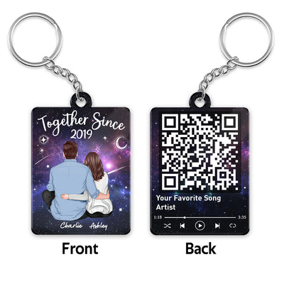 Back View Couple Sitting In Galaxy Night Favorite Song Scannable QR Code Personalized Acrylic Keychain