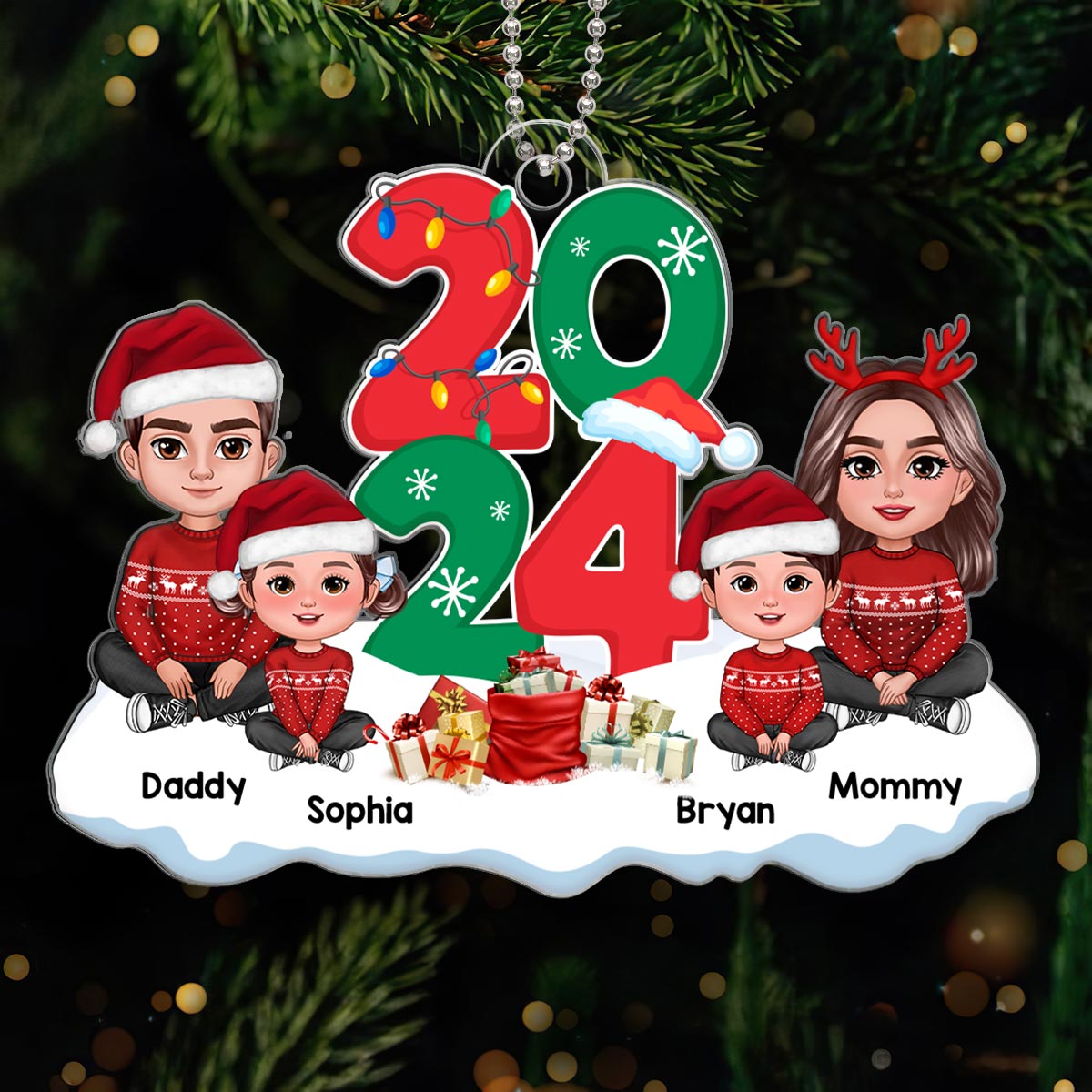 Family Dad Mom Kids Dogs Cats Crossed Legs Sitting By 2024 Christmas Gift Personalized Acrylic Ornament