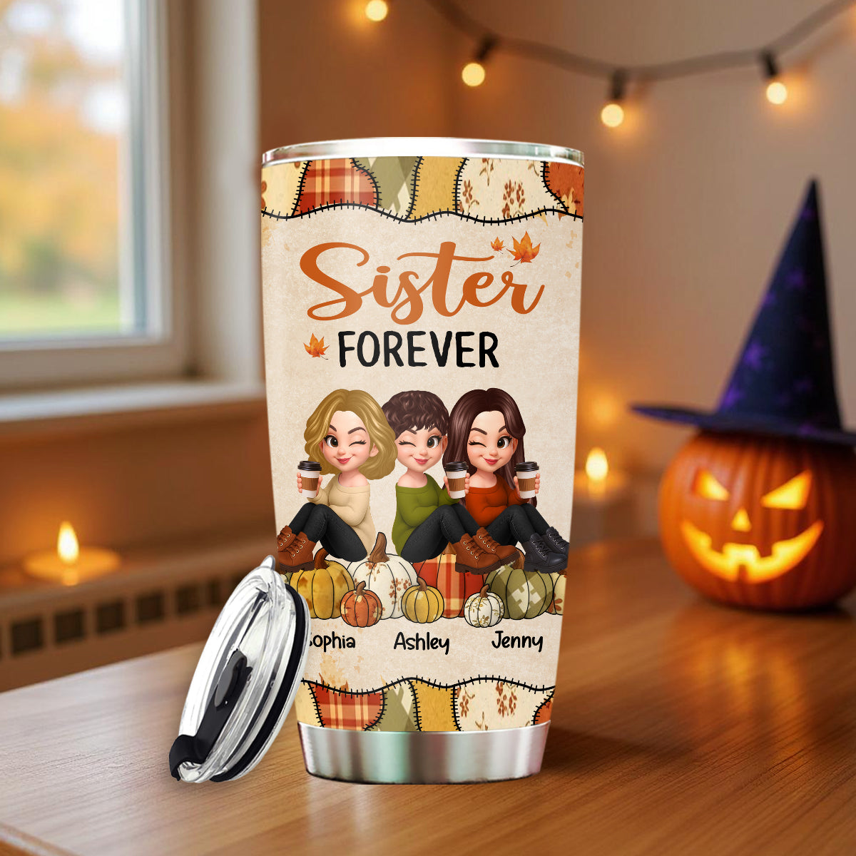 Besties Sisters Sitting On Pumpkin Preppy Floral Fall Season Personalized Tumbler